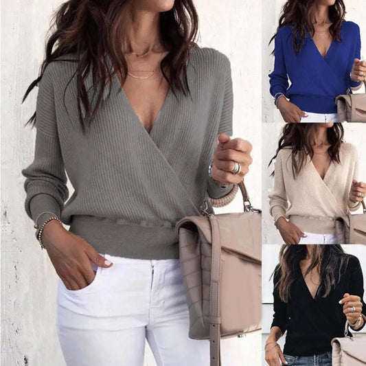 Autumn Winter Solid Color Deep V Cross Front Women Long Sleeve Sweater Jumpers