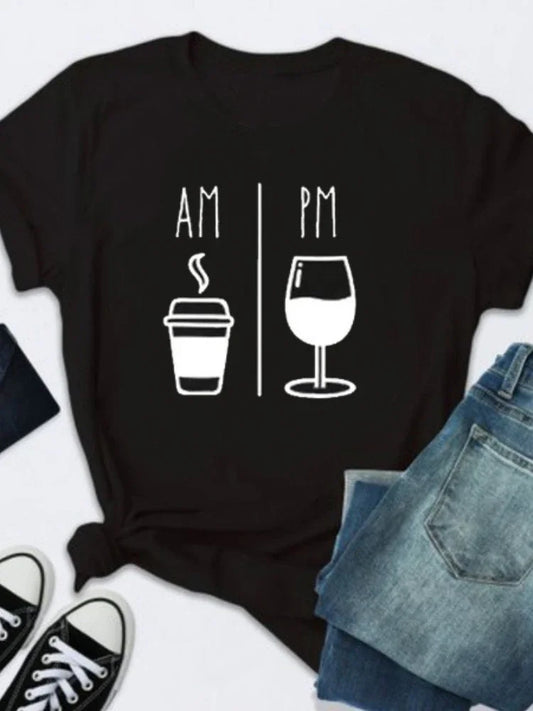 AM Coffee PM Wine Letter Print T Shirt Women Short Sleeve O Neck Loose Tshirt Summer Ladies Tee Shirt Tops Clothes Mujer