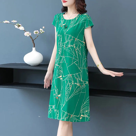 2024 Casual Vintage Summer Dress For Women Print Flowers Short Sleeve O-neck Printing Elegant Dresses Women Clothing